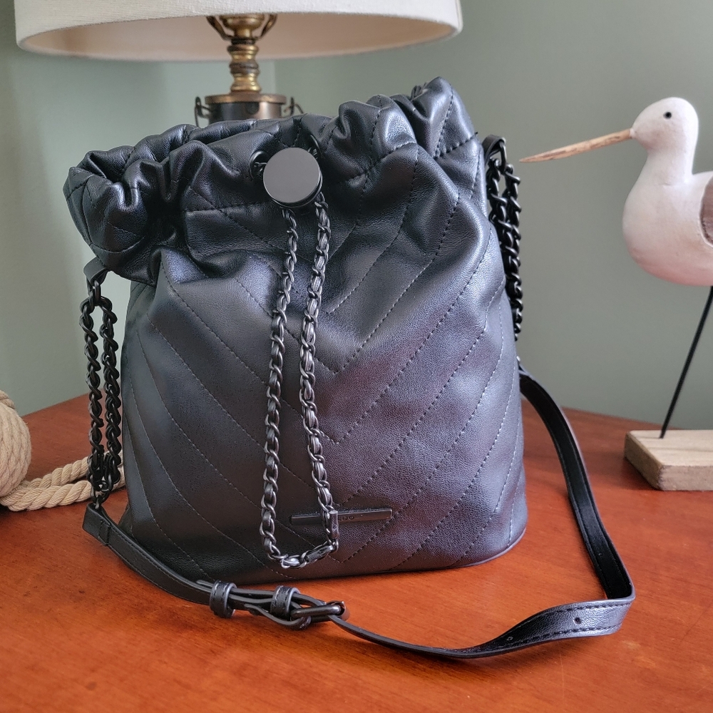 Aldo Black Chevron Stitched Vegan Leather Drawstring Bucket Bag Purse